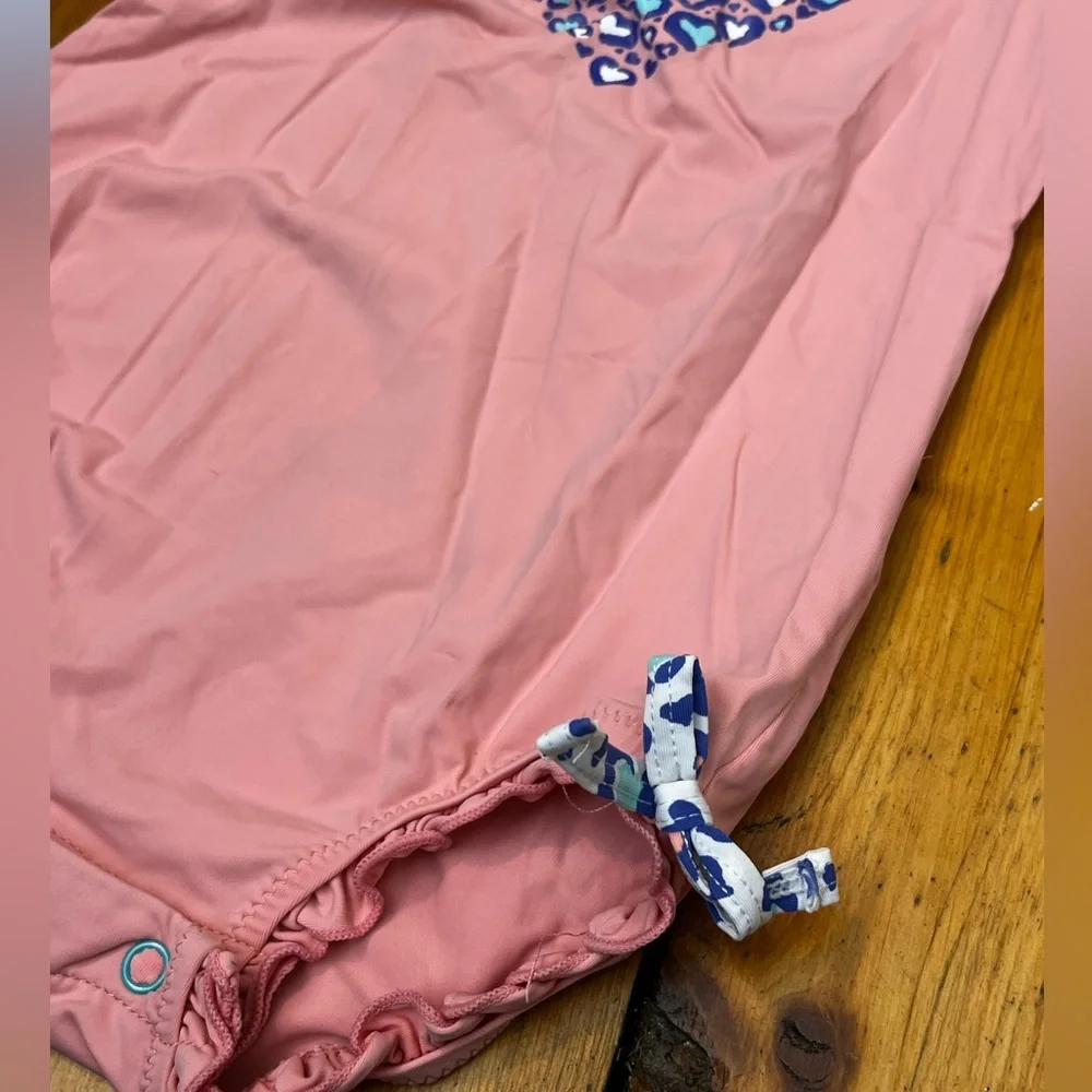 Hatley Rash Guard Swimsuit Ruffles Peachy Pink Heart Print Long Sleeve One Piece